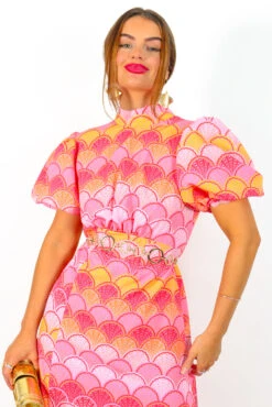 If I Were You - Pink Orange Shell Print Puff Sleeve Midi Dress -Fashion Clothing Store IfIWereYou PinkOrangeShellPrintPuffSleeveMidiDress 5