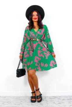 Imagine Me - Green Pink Floral Pleated Mini Dress -Fashion Clothing Store ImagineMe GreenPinkFloralPleatedMiniDress1