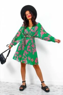 Imagine Me - Green Pink Floral Pleated Mini Dress