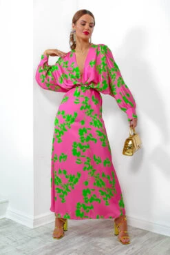 In My Imagination - Pink Lime Floral Batwing Midi Dress