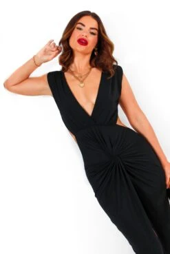 It Takes Time - Black Plunge Knot Detail Backless Midi Dress -Fashion Clothing Store ItTakesTime BlackPlungeKnotDetailBacklessMidiDress 1
