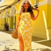 Its You I Choose - Yellow Floral Satin Cowl Neck Midi Dress