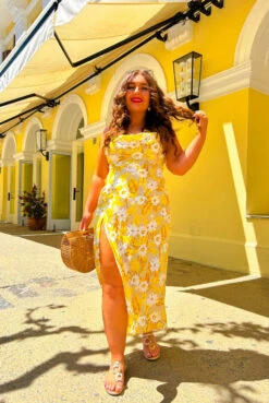 Its You I Choose - Yellow Floral Satin Cowl Neck Midi Dress