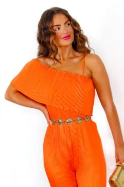 It's Jumpin' - Orange Plisse One Shoulder Jumpsuit -Fashion Clothing Store It sJumpin OrangePlisseOneShoulderJumpsuit 5