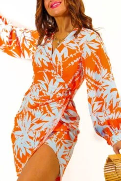 Its Not Over - Orange Pale Blue Tropical Print Gathered Midi Dress -Fashion Clothing Store It sNotOver OrangePaleBlueTropicalPrintGatheredMidiDress 1