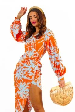 Its Not Over - Orange Pale Blue Tropical Print Gathered Midi Dress -Fashion Clothing Store It sNotOver OrangePaleBlueTropicalPrintGatheredMidiDress 2