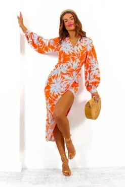 Its Not Over - Orange Pale Blue Tropical Print Gathered Midi Dress -Fashion Clothing Store It sNotOver OrangePaleBlueTropicalPrintGatheredMidiDress 6