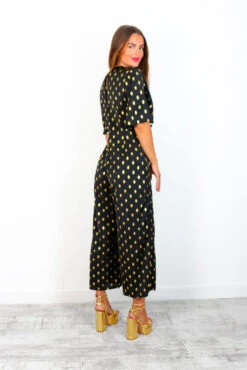 It's Showtime - Black Gold Foil Spot Culotte Jumpsuit 8 It's Showtime - Black Gold Foil Spot Culotte Jumpsuit -Fashion Clothing Store It sShowtime BlackGoldFoilSpotCulotteJumpsuit 1