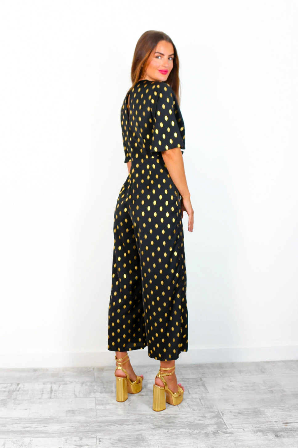 It's Showtime - Black Gold Foil Spot Culotte Jumpsuit 4 It's Showtime - Black Gold Foil Spot Culotte Jumpsuit - Image 4