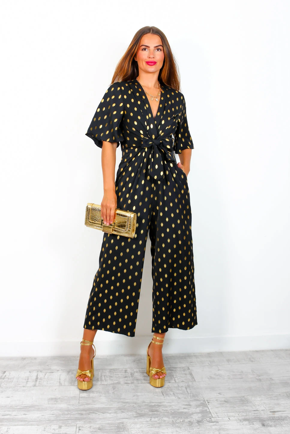 It's Showtime - Black Gold Foil Spot Culotte Jumpsuit 1 It's Showtime - Black Gold Foil Spot Culotte Jumpsuit