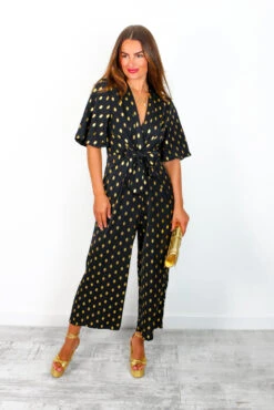 It's Showtime - Black Gold Foil Spot Culotte Jumpsuit 7 It's Showtime - Black Gold Foil Spot Culotte Jumpsuit -Fashion Clothing Store It sShowtime BlackGoldFoilSpotCulotteJumpsuit 4