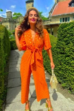 Its Showtime - Orange Gold Foil Culotte Jumpsuit