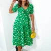 Its The Little Things - Green Floral Print Tie Midi Dress