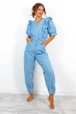 It's Who I Am - Blue Ruffle Denim Jumpsuit