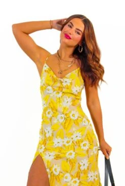 Its You I Choose - Yellow Floral Satin Cowl Neck Midi Dress -Fashion Clothing Store It sYouIChoose YellowFloralSatinCowlNeckMidiDress 4