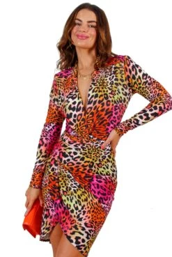 Its A Vibe - Pink Orange Leopard Print Mini Dress -Fashion Clothing Store ItsAVibe PinkOrangeLeopardPrintMiniDress
