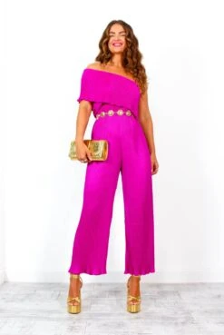 It's Jumpin' - Magenta Plisse One Shoulder Jumpsuit