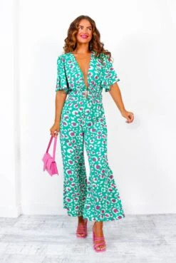 Jump Right In - Green Pink Leopard Belted Jumpsuit -Fashion Clothing Store JumpRightIn GreenPinkLeopardBeltedJumpsuit1