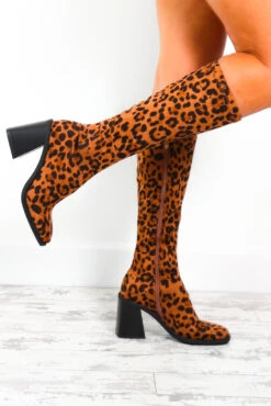 Kick Up A Fuss - Tan Leopard Print Knee High Boots