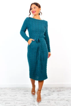 Knits Complicated - Teal Cable Knit Dress