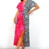 Knot In Love - Black White Pink Animal Spliced Midi Dress