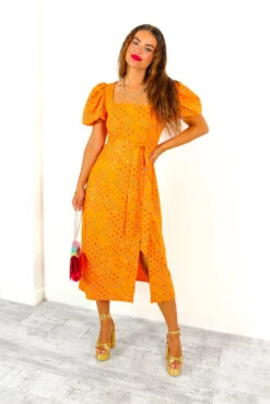Last But Not Least - Orange Multi Spot Puff Sleeve Midi Dress -Fashion Clothing Store LastButNotLeast OrangeMultiSpotPuffSleeveMidiDress2