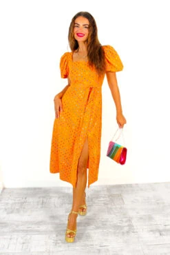 Last But Not Least - Orange Multi Spot Puff Sleeve Midi Dress -Fashion Clothing Store LastButNotLeast OrangeMultiSpotPuffSleeveMidiDress3