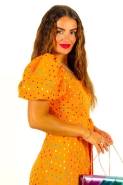 Last But Not Least - Orange Multi Spot Puff Sleeve Midi Dress -Fashion Clothing Store LastButNotLeast OrangeMultiSpotPuffSleeveMidiDress4