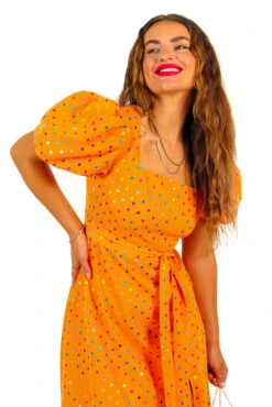 Last But Not Least - Orange Multi Spot Puff Sleeve Midi Dress -Fashion Clothing Store LastButNotLeast OrangeMultiSpotPuffSleeveMidiDress5