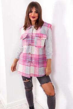 Leave The Vest To Us - Pink Check Sleeveless Shacket -Fashion Clothing Store LeaveTheVestToUs PinkCheckSleevelessShacket 11