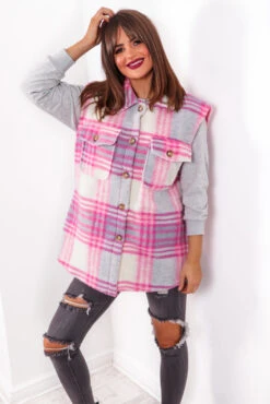 Leave The Vest To Us - Pink Check Sleeveless Shacket