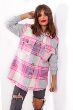 Leave The Vest To Us - Pink Check Sleeveless Shacket -Fashion Clothing Store LeaveTheVestToUs PinkCheckSleevelessShacket 2
