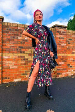 Lets Split - Forest Leopard Print Midi Dress