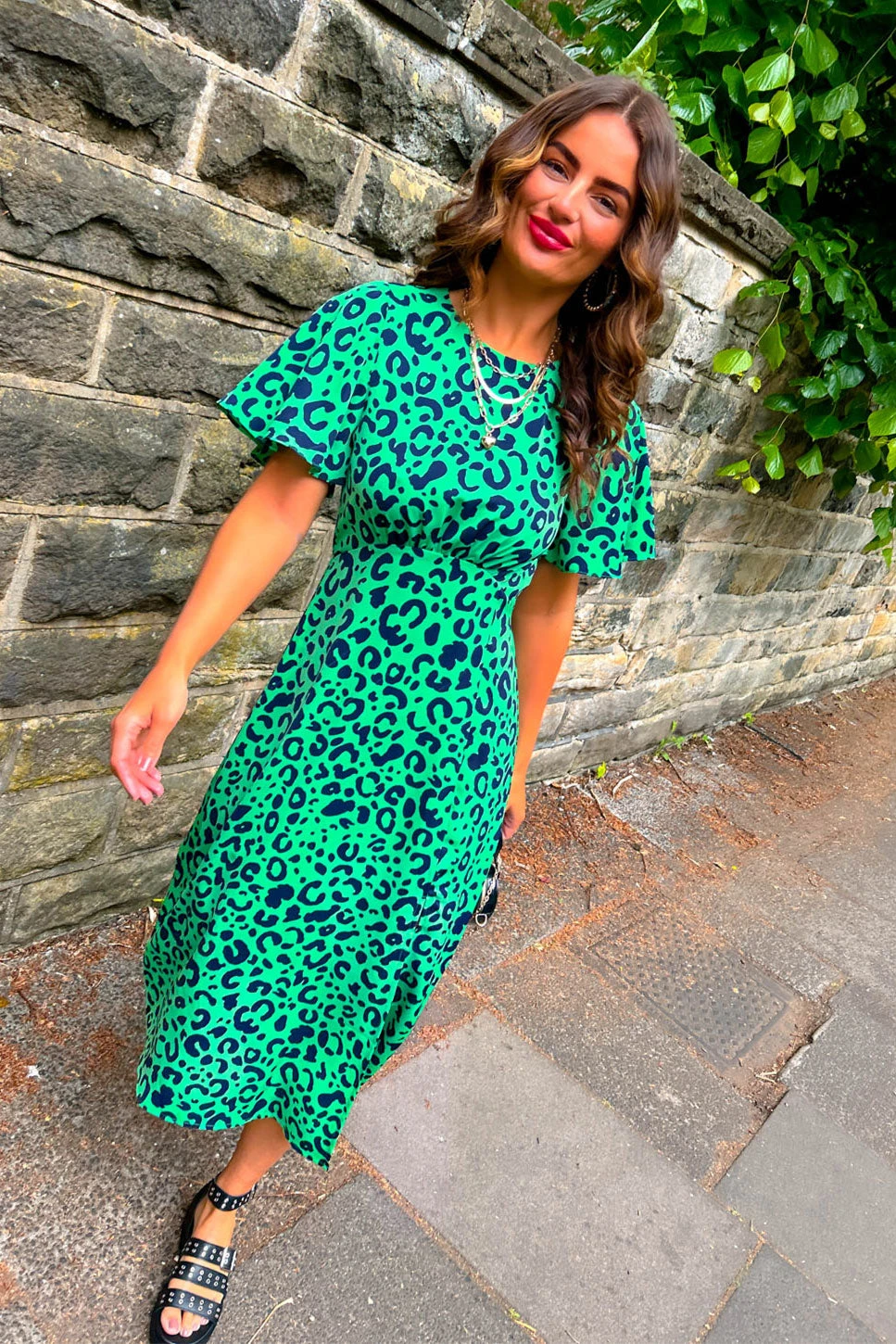 Let's Split - Green Black Leopard Midi Dress 1 Let's Split - Green Black Leopard Midi Dress