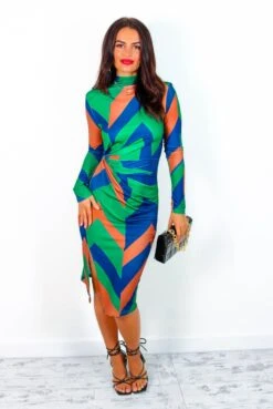 Lets Make Chic Happen - Green Blue Geometric Print Midi Dress -Fashion Clothing Store Let sMakeChicHappen GreenBlueGeometricPrintMidiDress1