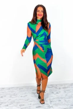 Lets Make Chic Happen - Green Blue Geometric Print Midi Dress -Fashion Clothing Store Let sMakeChicHappen GreenBlueGeometricPrintMidiDress2