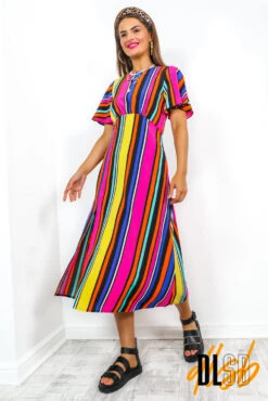 Lets Split - Black Multi Stripe Midi Dress