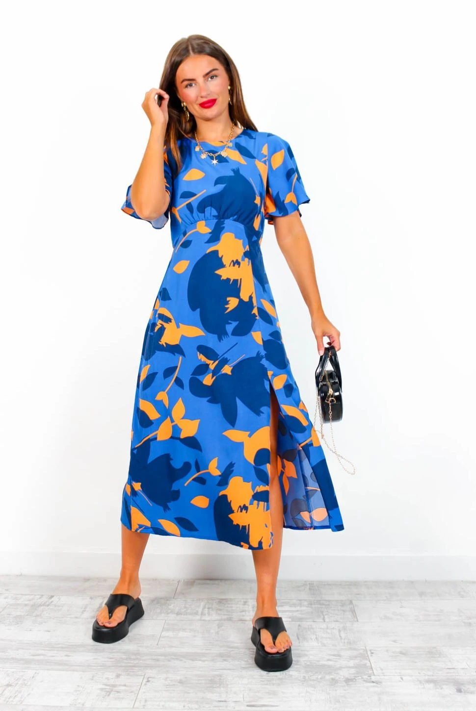 Let's Split - Blue Orange Floral Midi Dress 2 Let's Split - Blue Orange Floral Midi Dress - Image 2