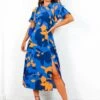 Let's Split - Blue Orange Floral Midi Dress