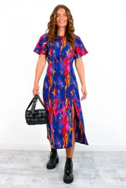 Let's Split - Cobalt Abstract Midi Dress