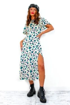 Lets Split - Cream Green Leopard Print Midi Dress