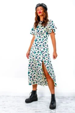 Lets Split - Cream Green Leopard Print Midi Dress -Fashion Clothing Store Let sSplit CreamGreenLeopardPrintMidiDress6