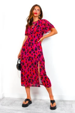 Let's Split - Magenta Orange Leopard Midi Dress 8 Let's Split - Magenta Orange Leopard Midi Dress -Fashion Clothing Store Let sSplit MagentaOrangeLeopardMidiDress