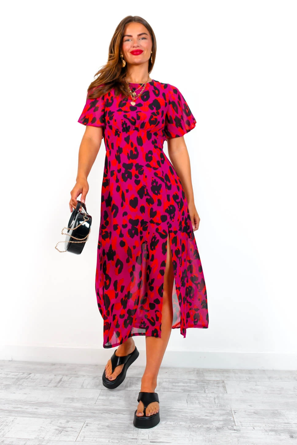 Let's Split - Magenta Orange Leopard Midi Dress 1 Let's Split - Magenta Orange Leopard Midi Dress