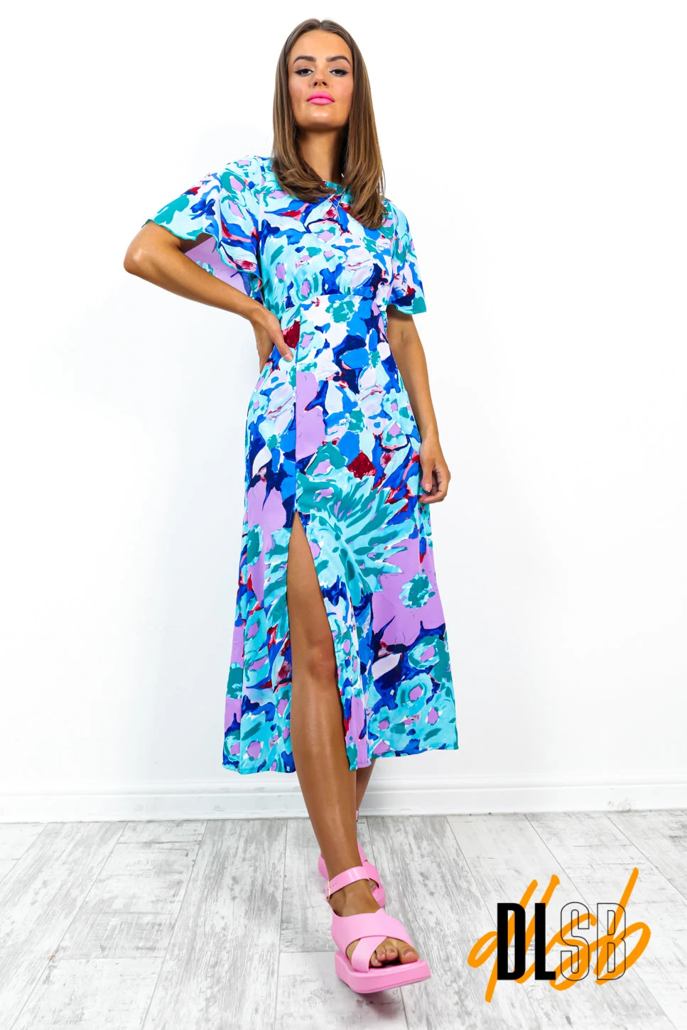 Lets Split - Teal Multi Print Midi Dress 3 Lets Split - Teal Multi Print Midi Dress - Image 3