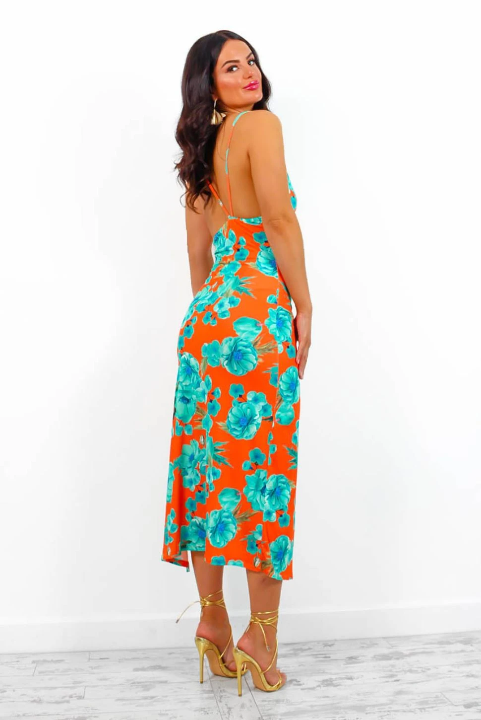 Lust For Me - Orange Green Floral Midi Slip Dress 2 Lust For Me - Orange Green Floral Midi Slip Dress - Image 2