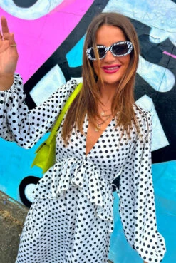 Meet Me At Noon - White Black Polka Dot Ruffle Midi Dress