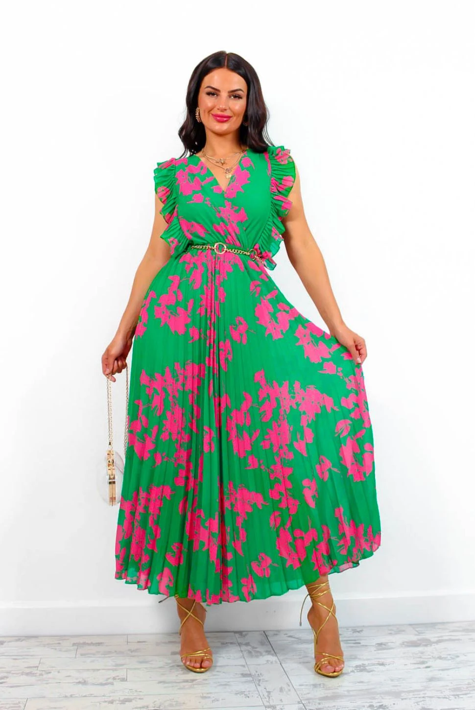 Mamma Mia - Green Pink Floral Pleated Maxi Dress 1 Mamma Mia - Green Pink Floral Pleated Maxi Dress