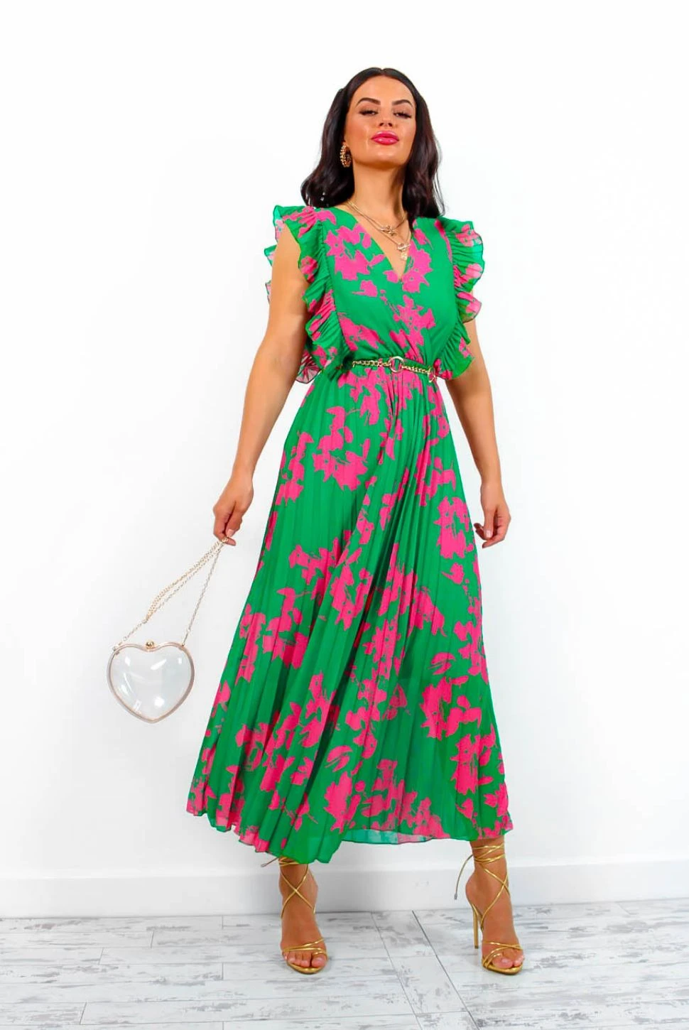 Mamma Mia - Green Pink Floral Pleated Maxi Dress 8 Mamma Mia - Green Pink Floral Pleated Maxi Dress - Image 8