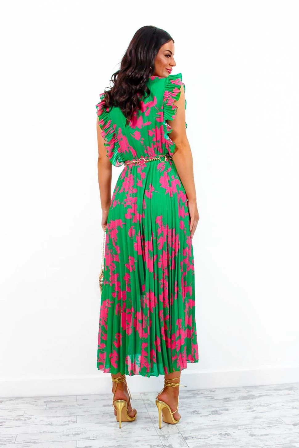 Mamma Mia - Green Pink Floral Pleated Maxi Dress 6 Mamma Mia - Green Pink Floral Pleated Maxi Dress - Image 6